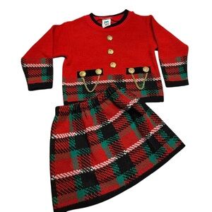 Vintage Bull Frog Red and Green Plaid Knit Dress Set 3/4T Made in USA